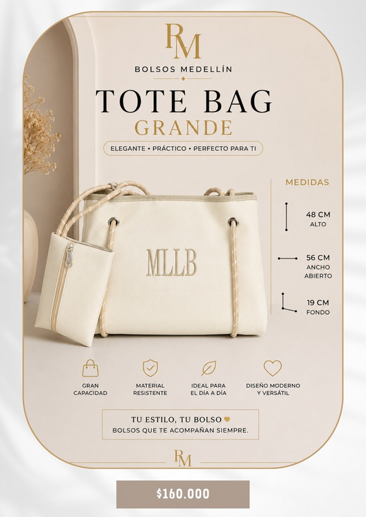 Bolso tote grande de BOLSOS MEDELLIN en color crema con asas de cuerda y neceser extraíble a juego