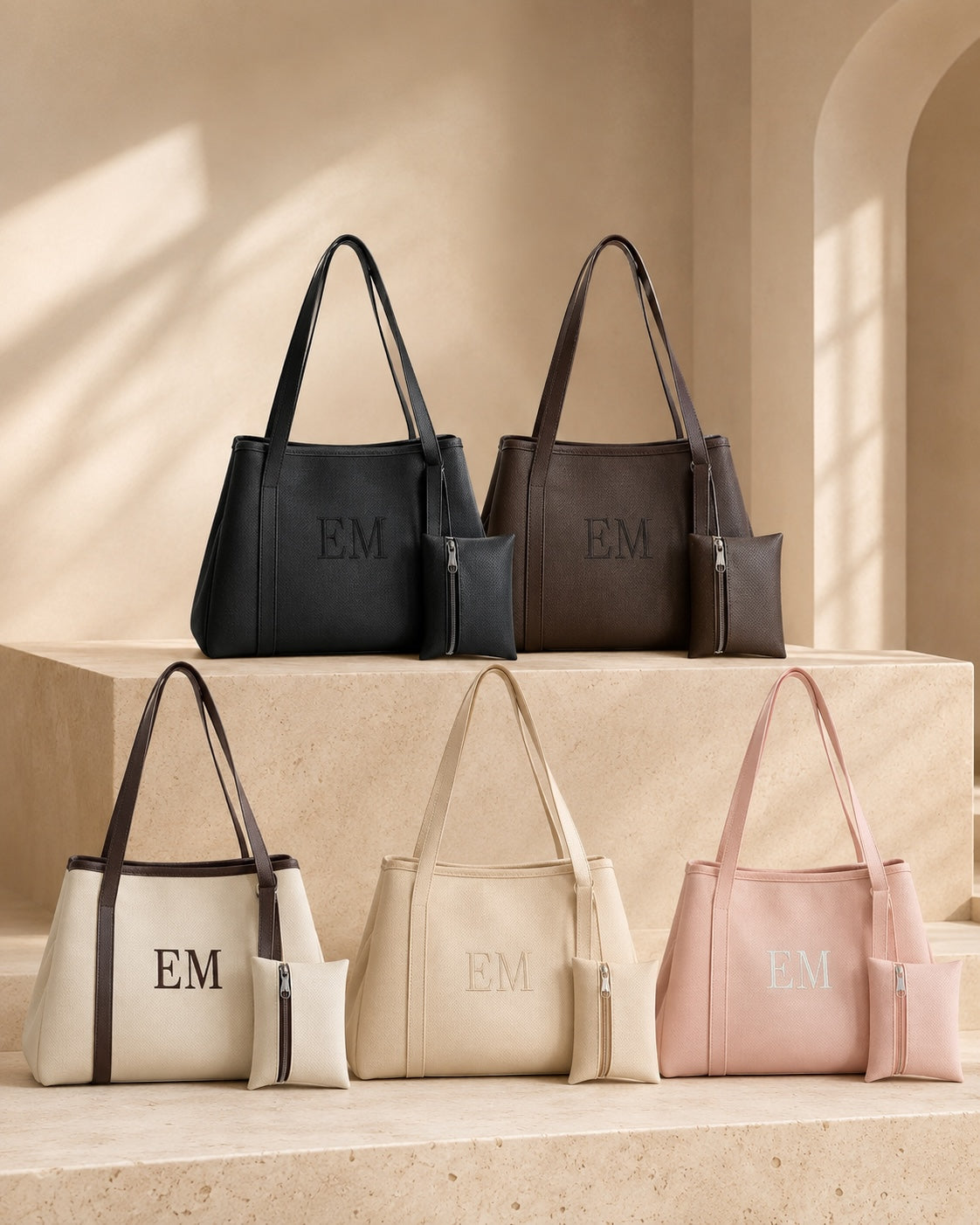 Colección de bolsos tote BOLSOS MEDELLIN BM Prime en cuero vegano perforado con iniciales bordadas y neceser incluido.