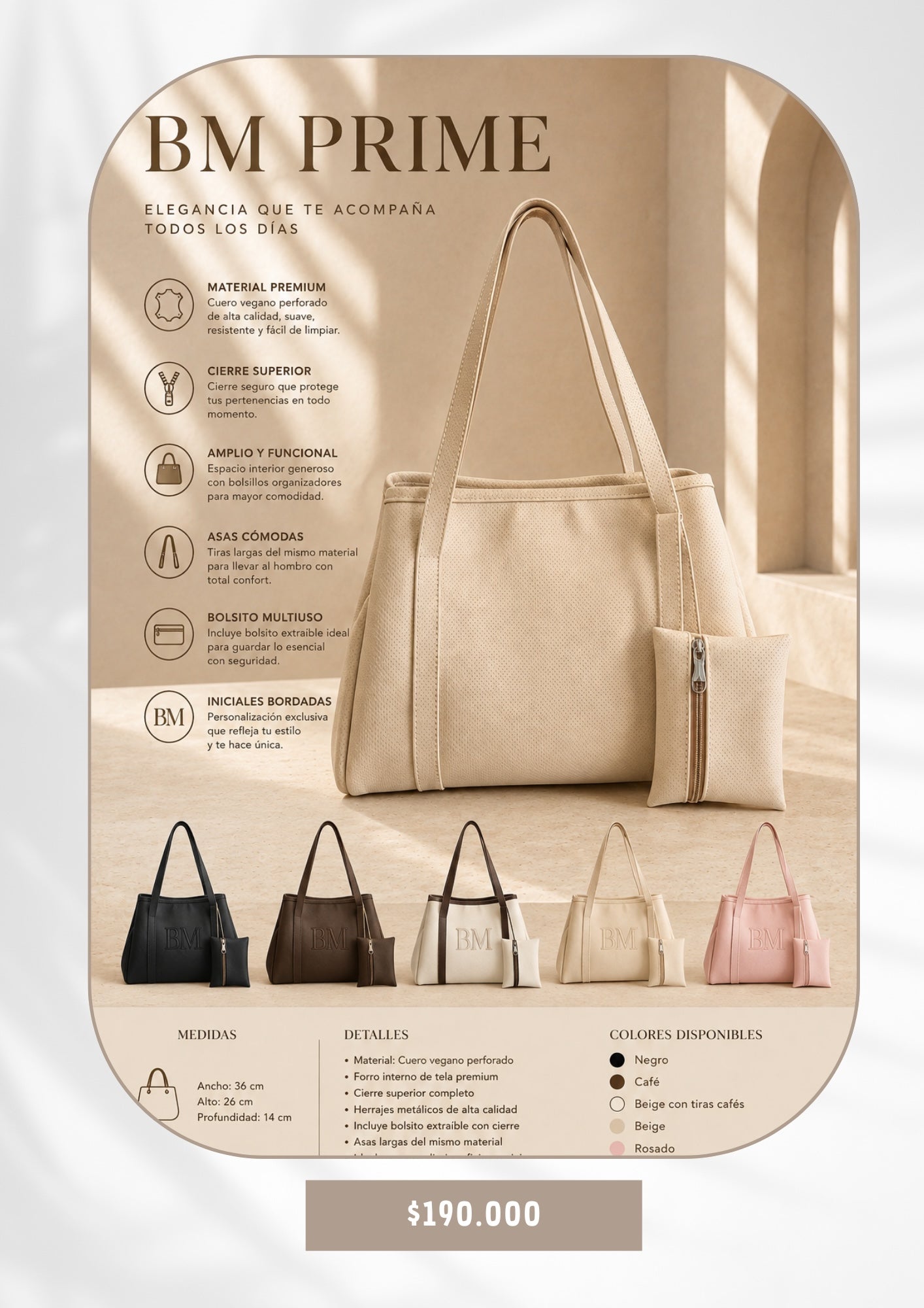Bolso tote BOLSOS MEDELLIN BM Prime en cuero vegano perforado con bolsillo extraíble y asas largas para el hombro
