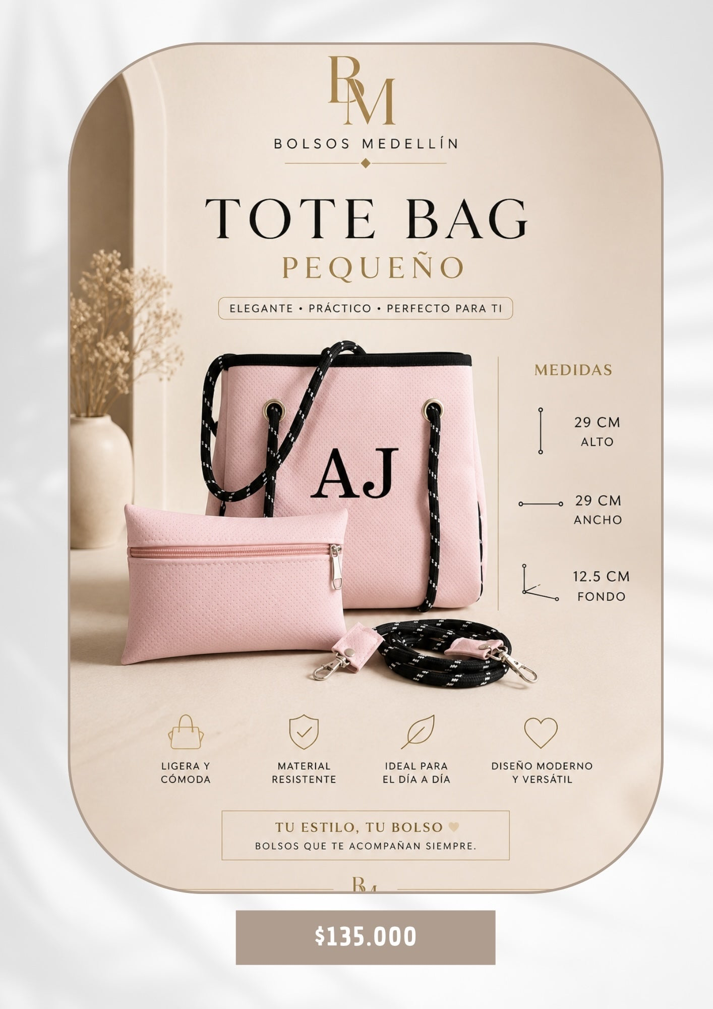 Bolso tote pequeño rosa de BOLSOS MEDELLIN con neceser a juego, correa ajustable y diseño moderno resistente.