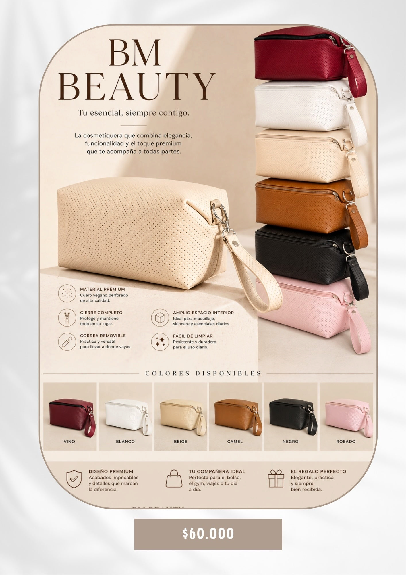 Cosmetiquera BM BEAUTY de BOLSOS MEDELLIN en cuero vegano perforado con correa removible y cierre resistente