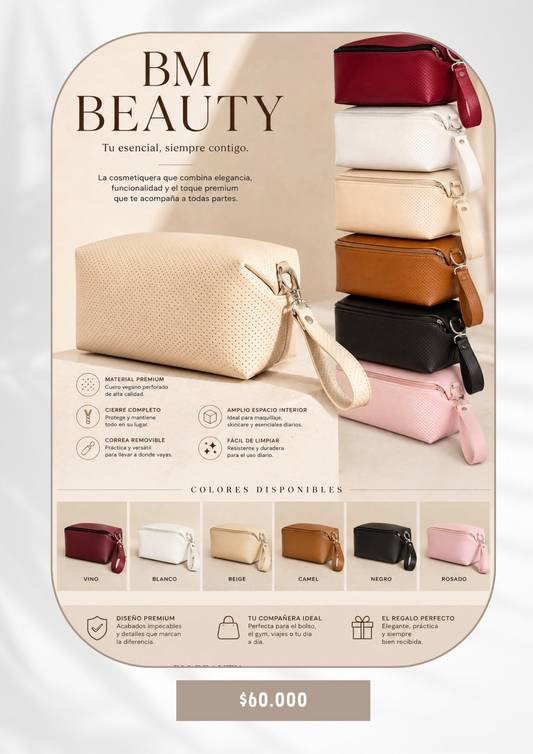 Cosmetiquera BM BEAUTY de BOLSOS MEDELLIN en cuero vegano perforado con correa removible y cierre resistente