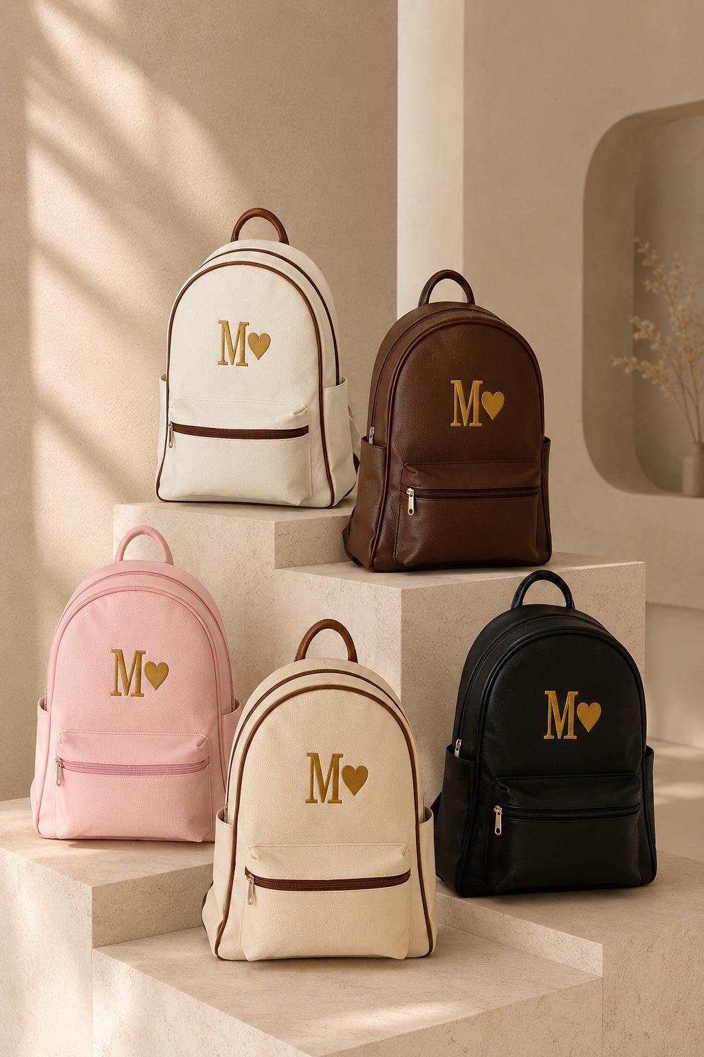 Morral Premium BOLSOS MEDELLIN en cinco colores con logo de letra M y corazón dorado, diseño elegante y funcional.