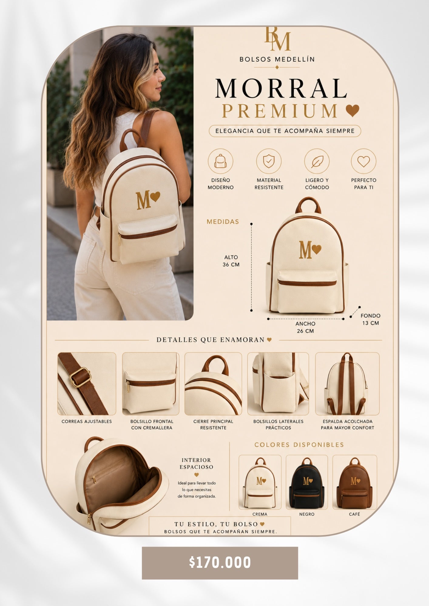 Morral Premium BOLSOS MEDELLIN en color crema con detalles marrones, correas ajustables y diseño elegante y funcional.