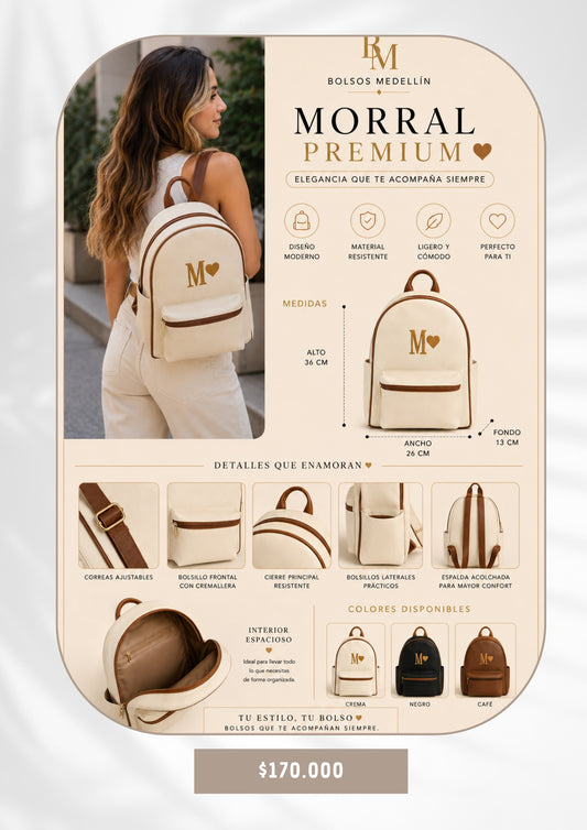 Morral Premium BOLSOS MEDELLIN en color crema con detalles marrones, correas ajustables y diseño elegante y funcional.